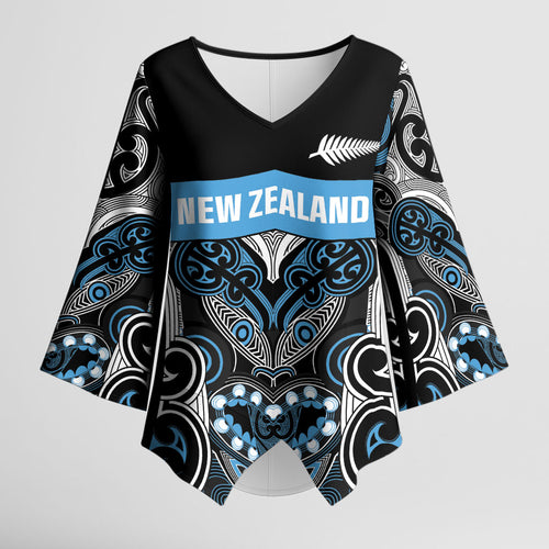 World Cricket Custom New Zealand Kimono Sleeve Blouse Kia kaha nga Potae Pango