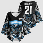 World Cricket Custom New Zealand Kimono Sleeve Blouse Kia kaha nga Potae Pango