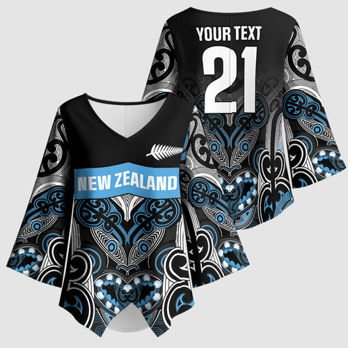 World Cricket Custom New Zealand Kimono Sleeve Blouse Kia kaha nga Potae Pango