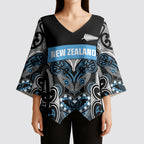 World Cricket Custom New Zealand Kimono Sleeve Blouse Kia kaha nga Potae Pango