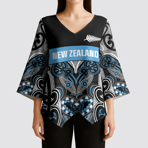 World Cricket Custom New Zealand Kimono Sleeve Blouse Kia kaha nga Potae Pango