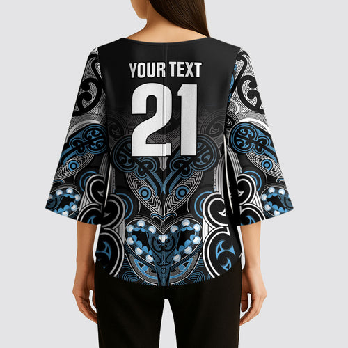World Cricket Custom New Zealand Kimono Sleeve Blouse Kia kaha nga Potae Pango