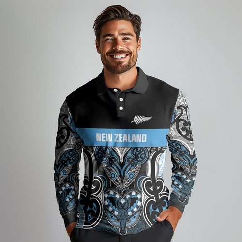 World Cricket Custom New Zealand Long Sleeve Polo Shirt Kia kaha nga Potae Pango