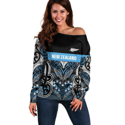 World Cricket Custom New Zealand Off Shoulder Sweater Kia kaha nga Potae Pango