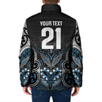 World Cricket Custom New Zealand Padded Jacket Kia kaha nga Potae Pango