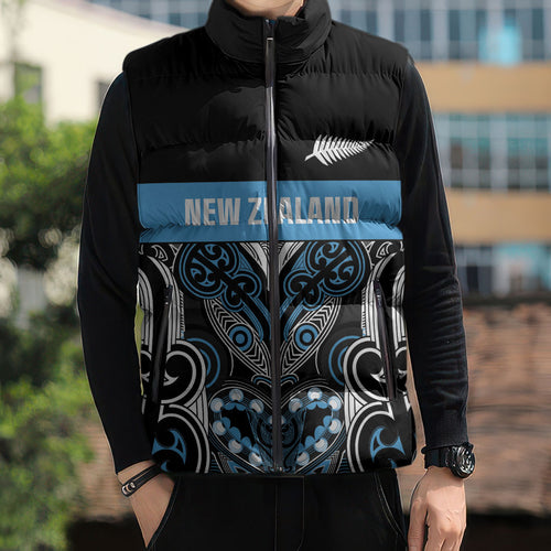 World Cricket Custom New Zealand Sleeveless Puffer Jacket Kia kaha nga Potae Pango