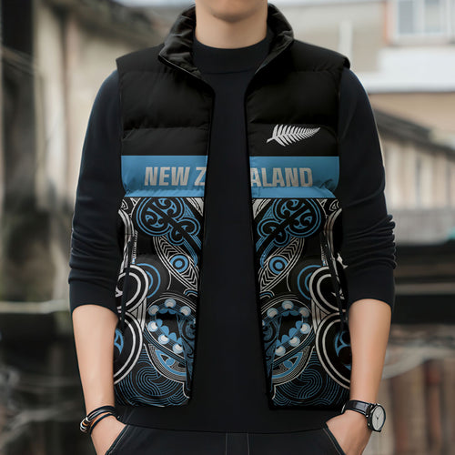 World Cricket Custom New Zealand Sleeveless Puffer Jacket Kia kaha nga Potae Pango