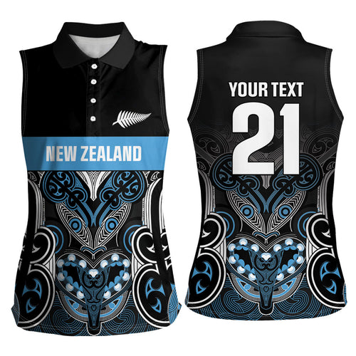 World Cricket Custom New Zealand Women Sleeveless Polo Shirt Kia kaha nga Potae Pango