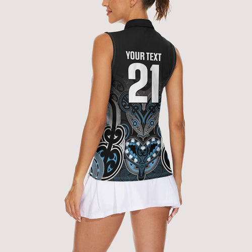World Cricket Custom New Zealand Women Sleeveless Polo Shirt Kia kaha nga Potae Pango