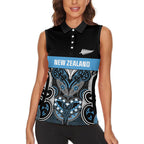 World Cricket Custom New Zealand Women Sleeveless Polo Shirt Kia kaha nga Potae Pango