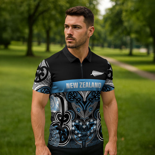 World Cricket Custom New Zealand Zipper Polo Shirt Kia kaha nga Potae Pango