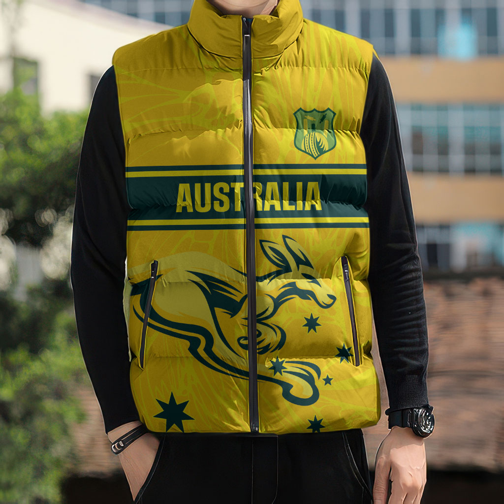 World Cricket Custom Australia Sleeveless Puffer Jacket Aussie! Aussie! Oi! Oi! Oi!