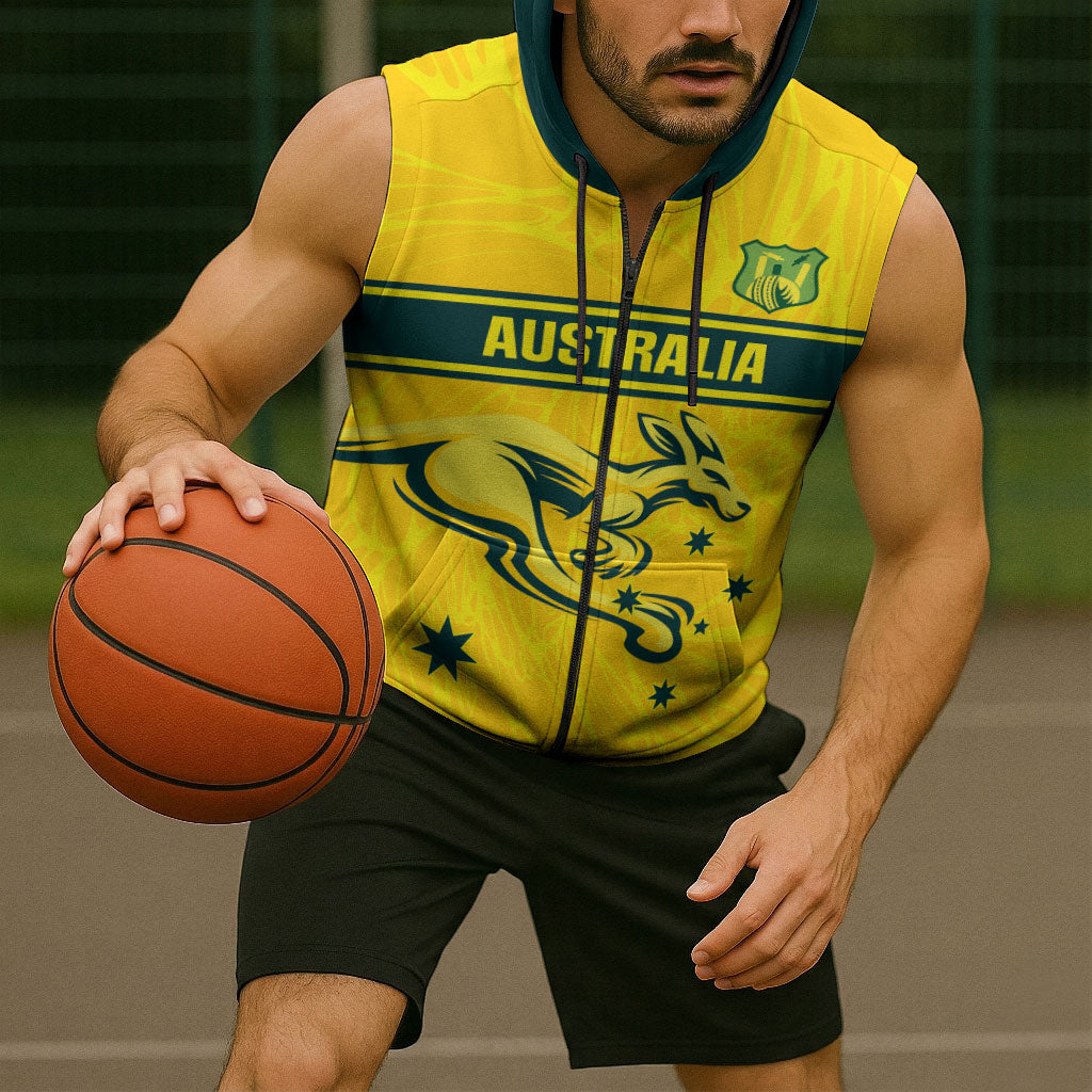 World Cricket Custom Australia Sleeveless Zip Hoodie Aussie! Aussie! Oi! Oi! Oi!