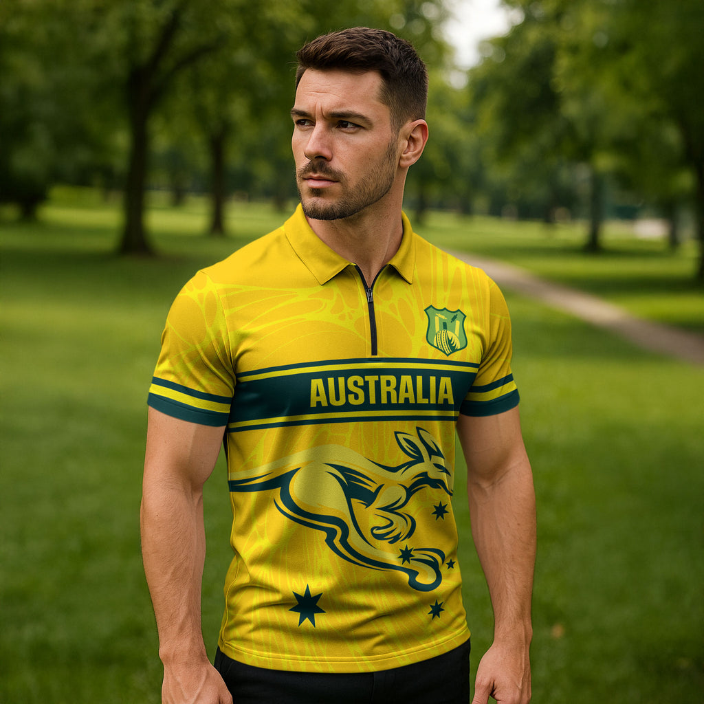 World Cricket Custom Australia Zipper Polo Shirt Aussie! Aussie! Oi! Oi! Oi!