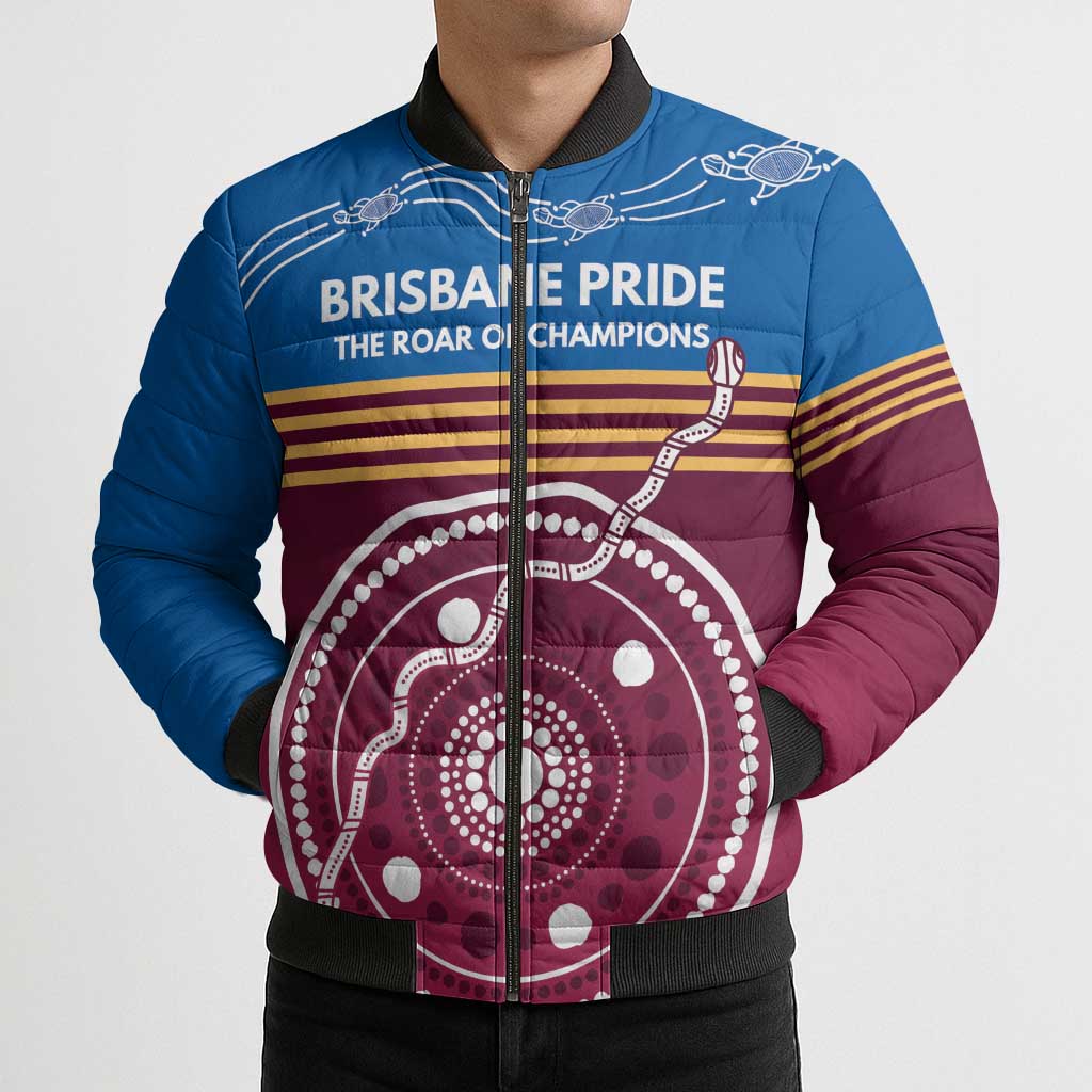 Personalised Brisbane Pride Bomber Puffer Jacket The Roar of Champions - Aussie Hoodie