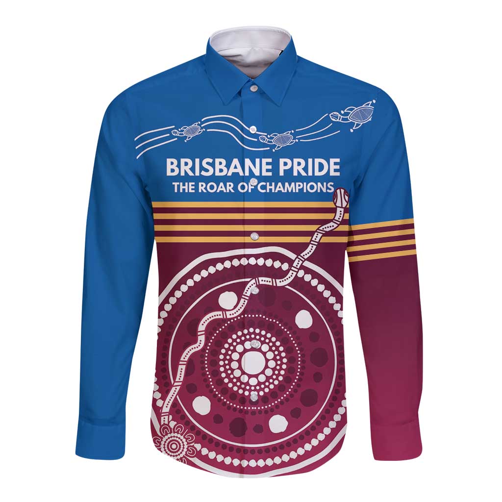 Personalised Brisbane Pride Long Sleeve Button Shirt The Roar of Champions - Aussie Hoodie