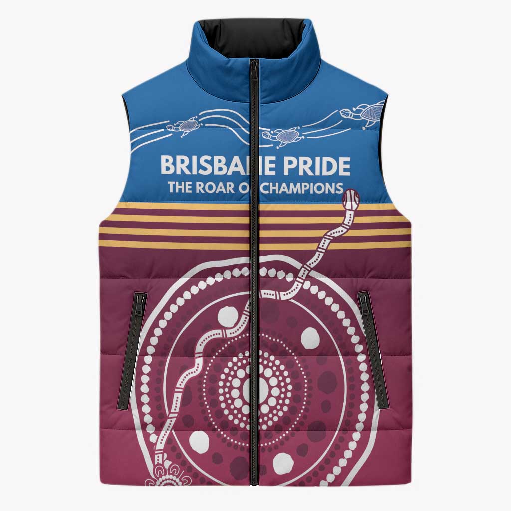 Personalised Brisbane Pride Sleeveless Puffer Jacket The Roar of Champions - Aussie Hoodie