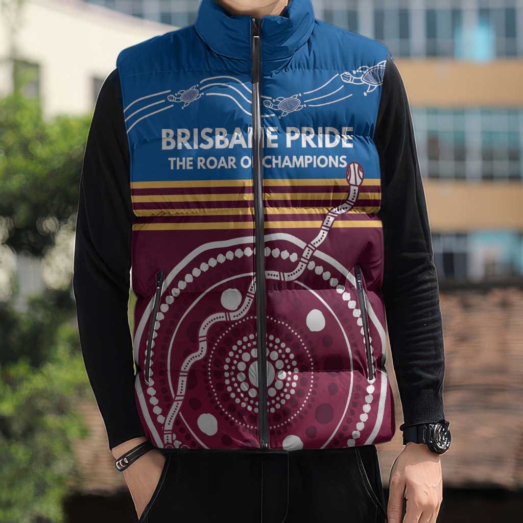Personalised Brisbane Pride Sleeveless Puffer Jacket The Roar of Champions - Aussie Hoodie