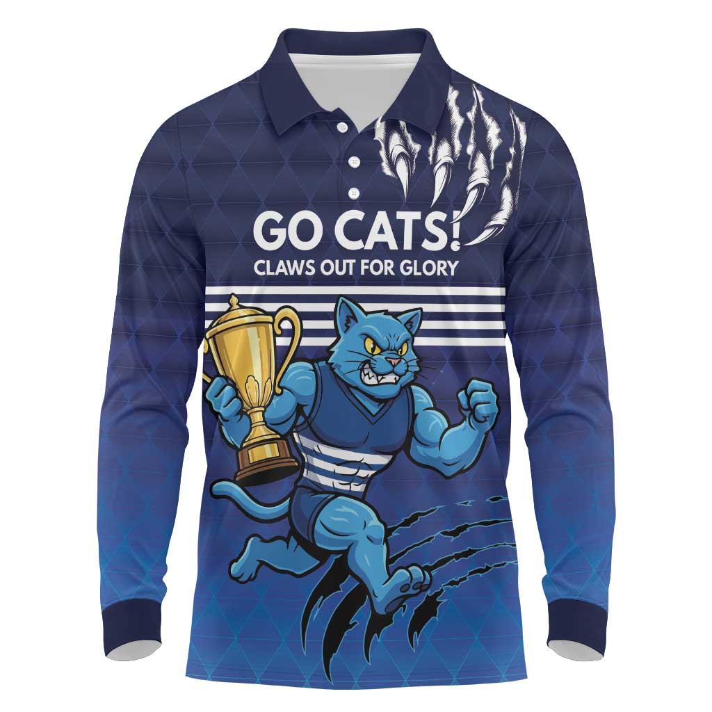 Personalised Geelong Pride Long Sleeve Polo Shirt Claws Out for Glory - Aussie Hoodie