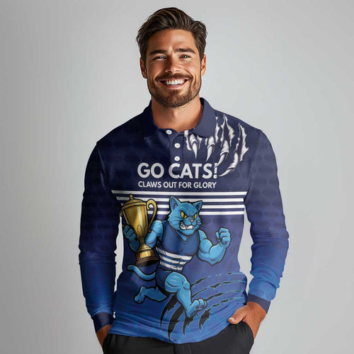 Personalised Geelong Pride Long Sleeve Polo Shirt Claws Out for Glory - Aussie Hoodie