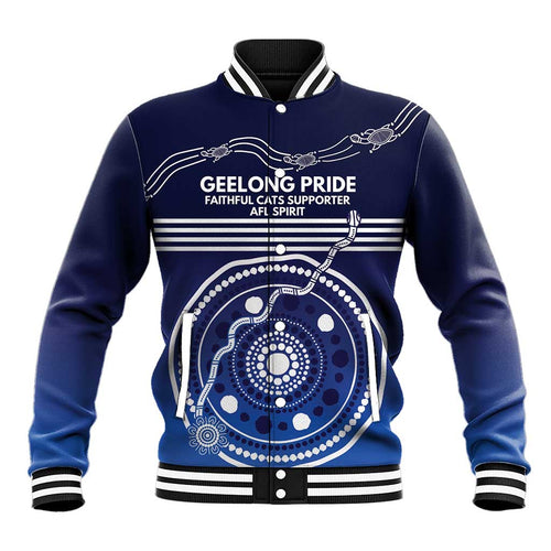 Custom Geelong Pride Baseball Jacket On the Road to Glory Indigenous Aboriginal - Aussie Hoodie