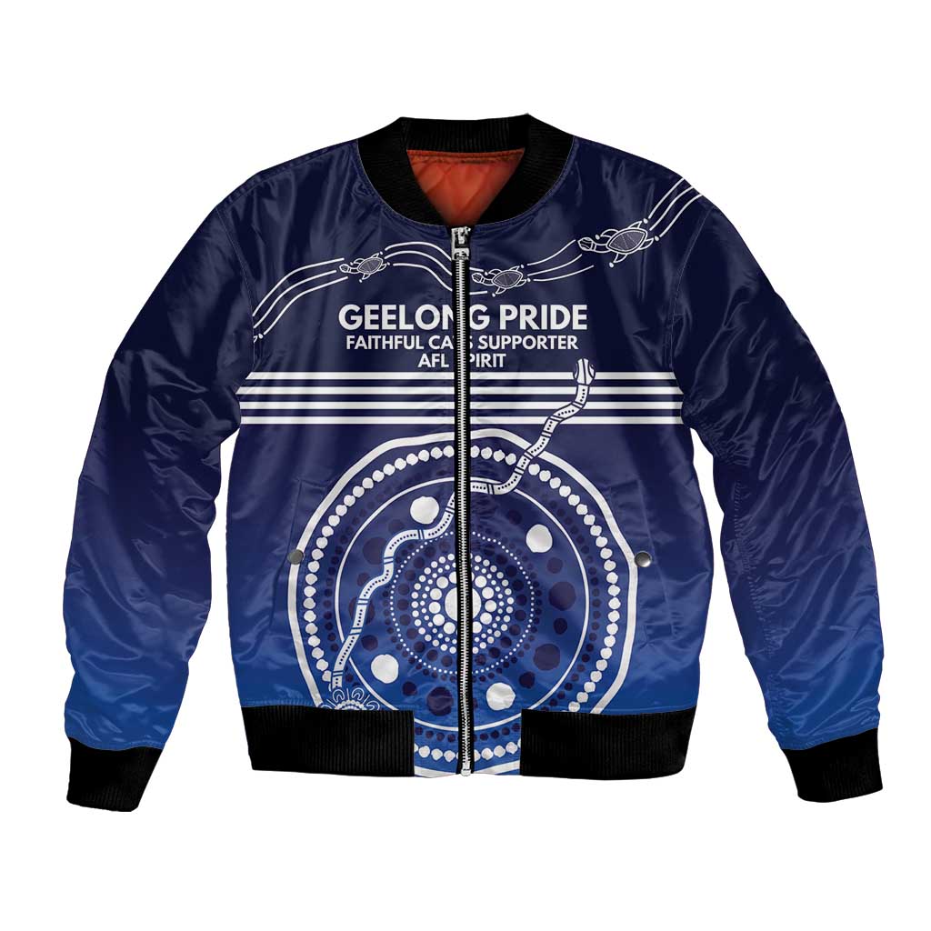 Custom Geelong Pride Bomber Jacket On the Road to Glory Indigenous Aboriginal - Aussie Hoodie