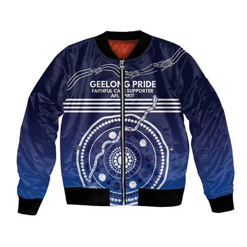 Custom Geelong Pride Bomber Jacket On the Road to Glory Indigenous Aboriginal - Aussie Hoodie