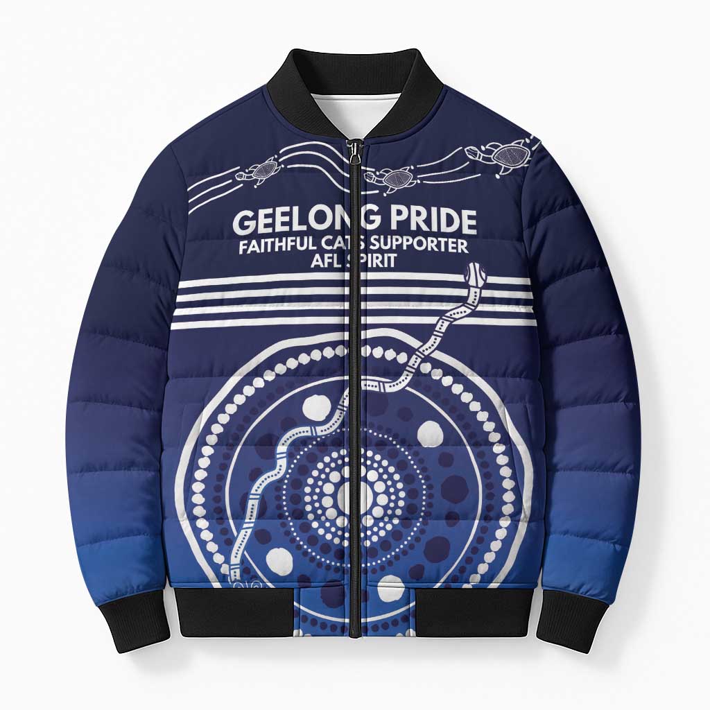 Custom Geelong Pride Bomber Puffer Jacket On the Road to Glory Indigenous Aboriginal - Aussie Hoodie