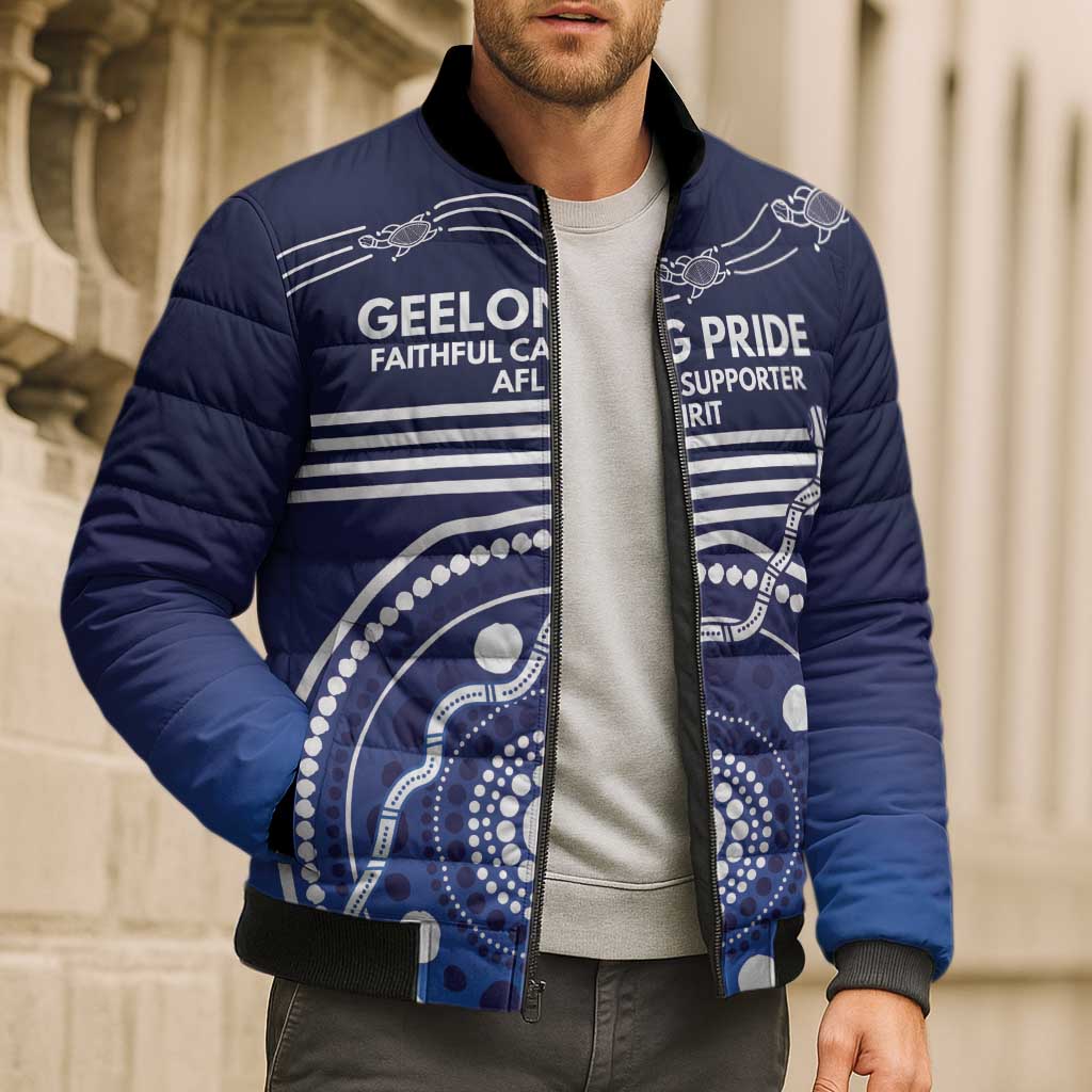 Custom Geelong Pride Bomber Puffer Jacket On the Road to Glory Indigenous Aboriginal - Aussie Hoodie