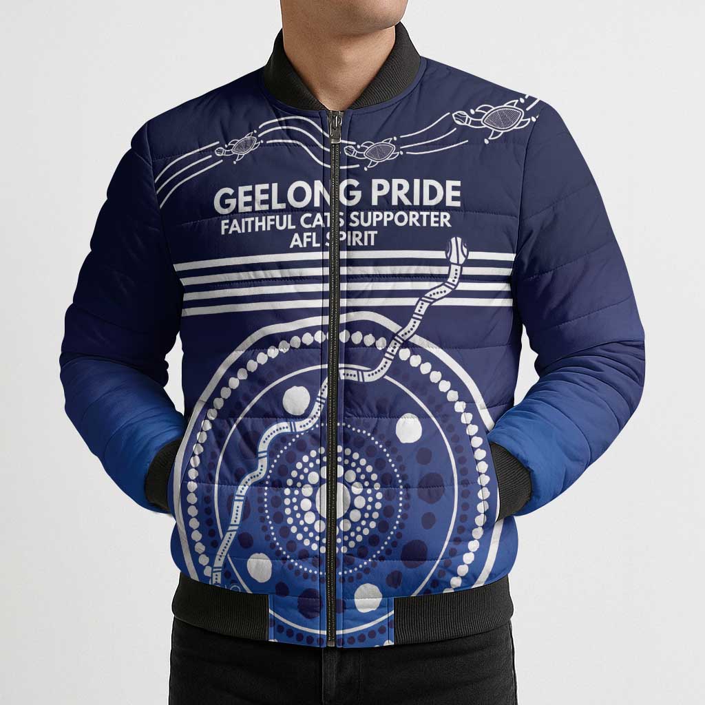 Custom Geelong Pride Bomber Puffer Jacket On the Road to Glory Indigenous Aboriginal - Aussie Hoodie