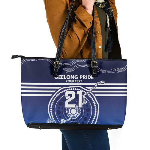 Custom Geelong Pride Leather Tote Bag On the Road to Glory Indigenous Aboriginal - Aussie Hoodie
