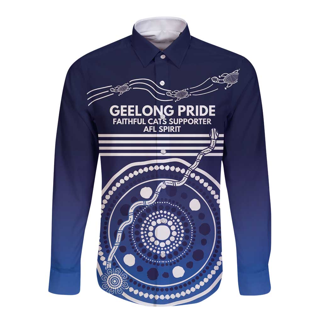 Custom Geelong Pride Long Sleeve Button Shirt On the Road to Glory Indigenous Aboriginal - Aussie Hoodie