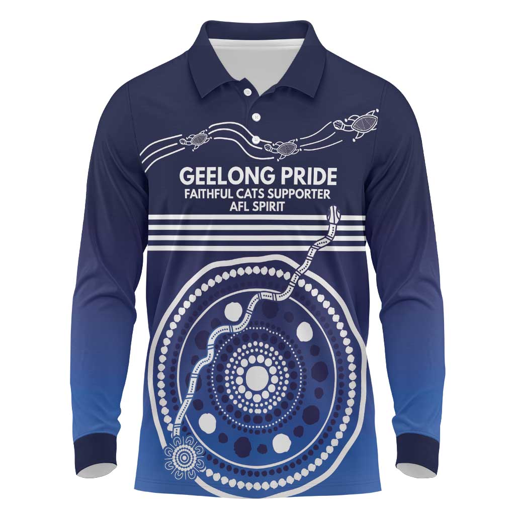 Custom Geelong Pride Long Sleeve Polo Shirt On the Road to Glory Indigenous Aboriginal - Aussie Hoodie