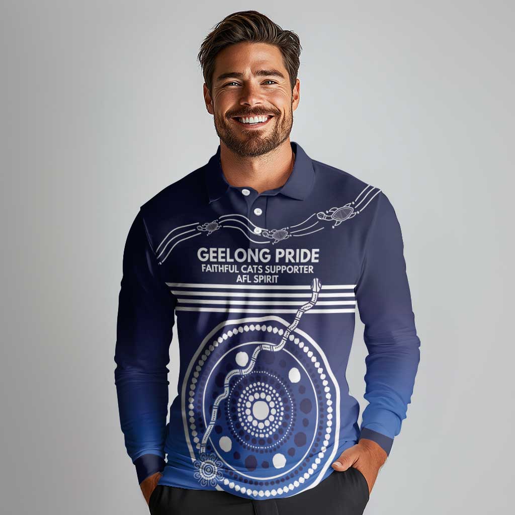 Custom Geelong Pride Long Sleeve Polo Shirt On the Road to Glory Indigenous Aboriginal - Aussie Hoodie
