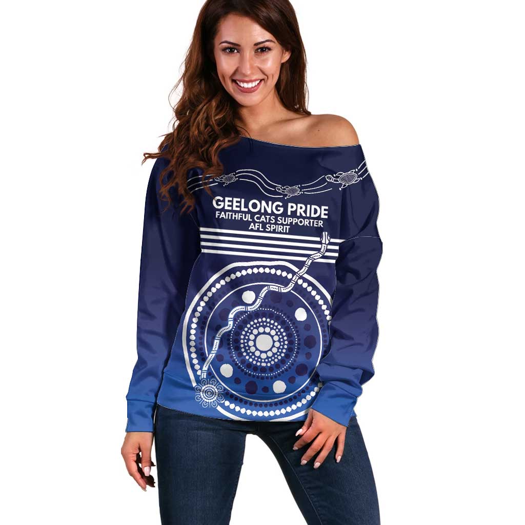 Custom Geelong Pride Off Shoulder Sweater On the Road to Glory Indigenous Aboriginal - Aussie Hoodie