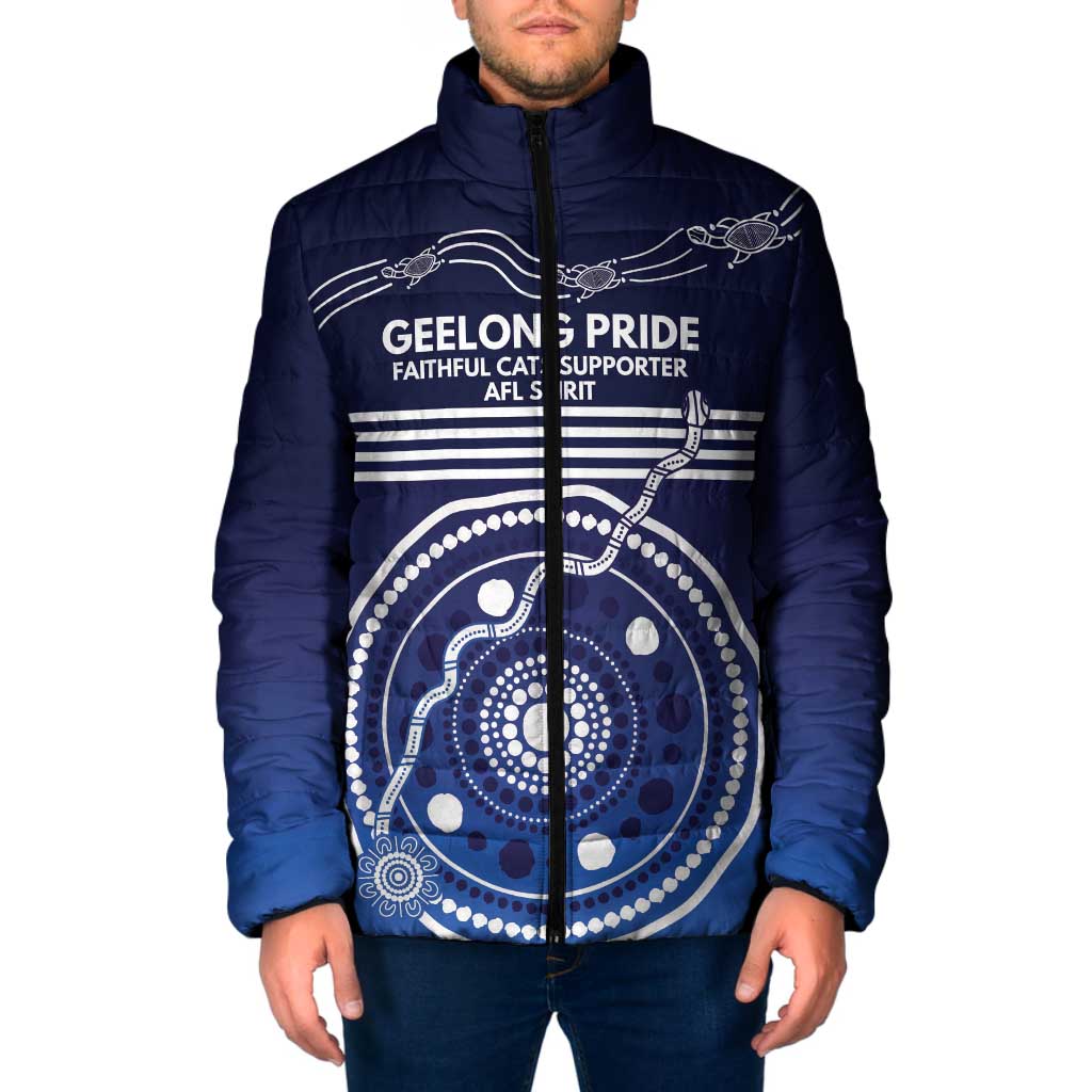 Custom Geelong Pride Padded Jacket On the Road to Glory Indigenous Aboriginal - Aussie Hoodie