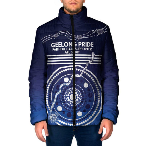 Custom Geelong Pride Padded Jacket On the Road to Glory Indigenous Aboriginal - Aussie Hoodie