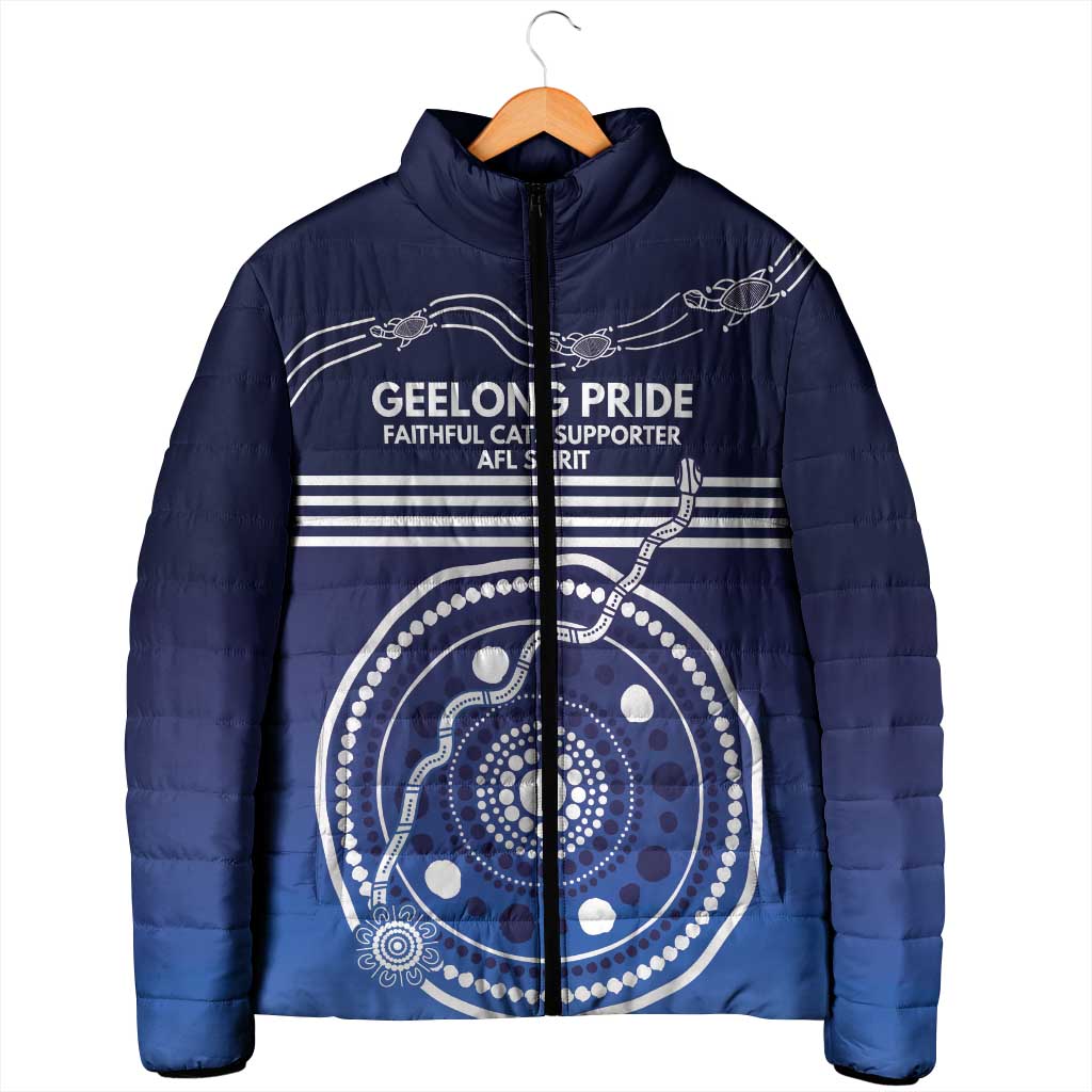Custom Geelong Pride Padded Jacket On the Road to Glory Indigenous Aboriginal - Aussie Hoodie