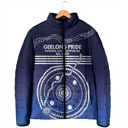 Custom Geelong Pride Padded Jacket On the Road to Glory Indigenous Aboriginal - Aussie Hoodie