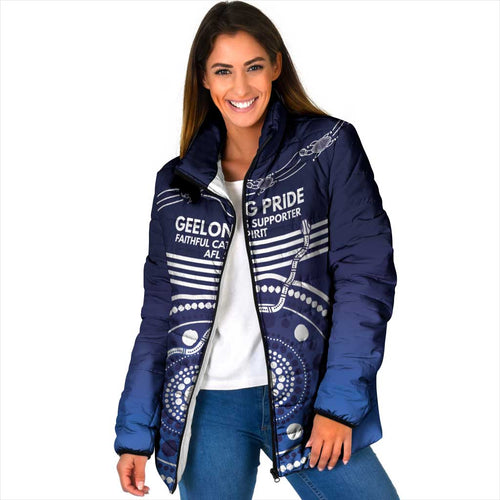 Custom Geelong Pride Padded Jacket On the Road to Glory Indigenous Aboriginal - Aussie Hoodie