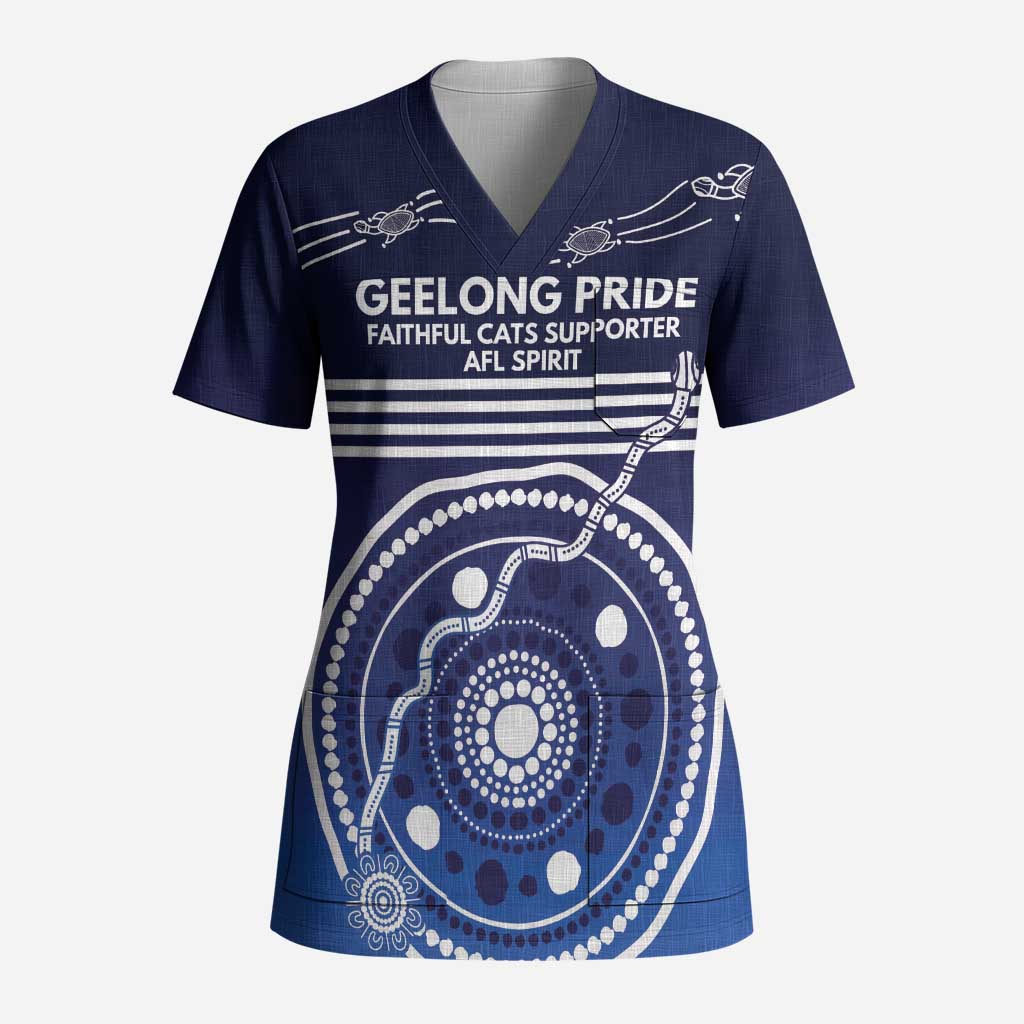 Custom Geelong Pride Scrub Top On the Road to Glory Indigenous Aboriginal - Aussie Hoodie