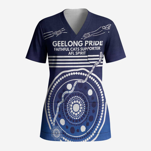 Custom Geelong Pride Scrub Top On the Road to Glory Indigenous Aboriginal - Aussie Hoodie