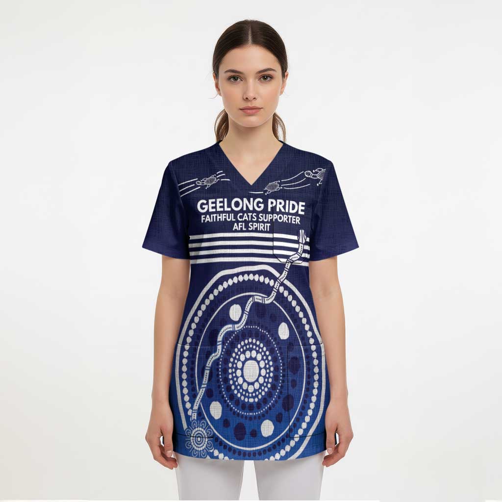 Custom Geelong Pride Scrub Top On the Road to Glory Indigenous Aboriginal - Aussie Hoodie