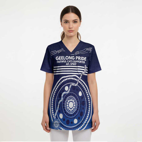 Custom Geelong Pride Scrub Top On the Road to Glory Indigenous Aboriginal - Aussie Hoodie