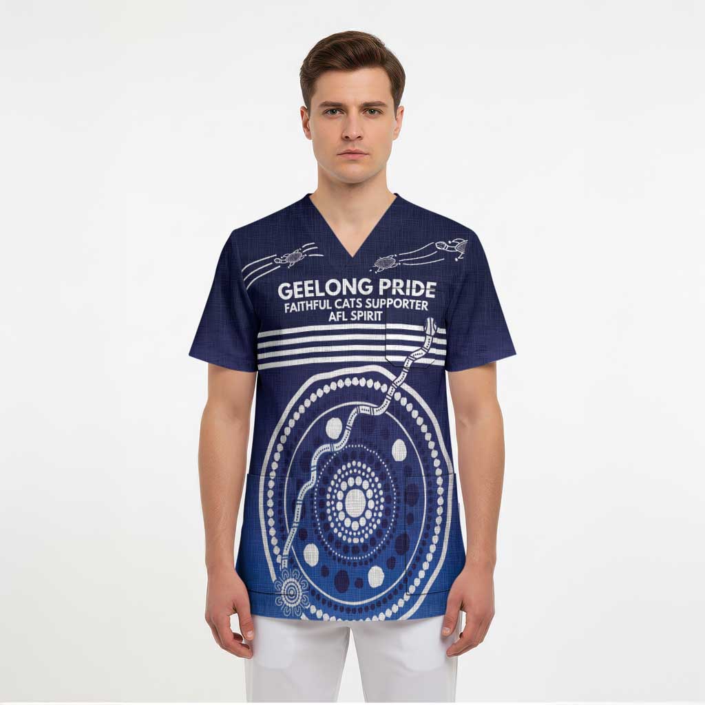 Custom Geelong Pride Scrub Top On the Road to Glory Indigenous Aboriginal - Aussie Hoodie