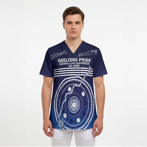 Custom Geelong Pride Scrub Top On the Road to Glory Indigenous Aboriginal - Aussie Hoodie
