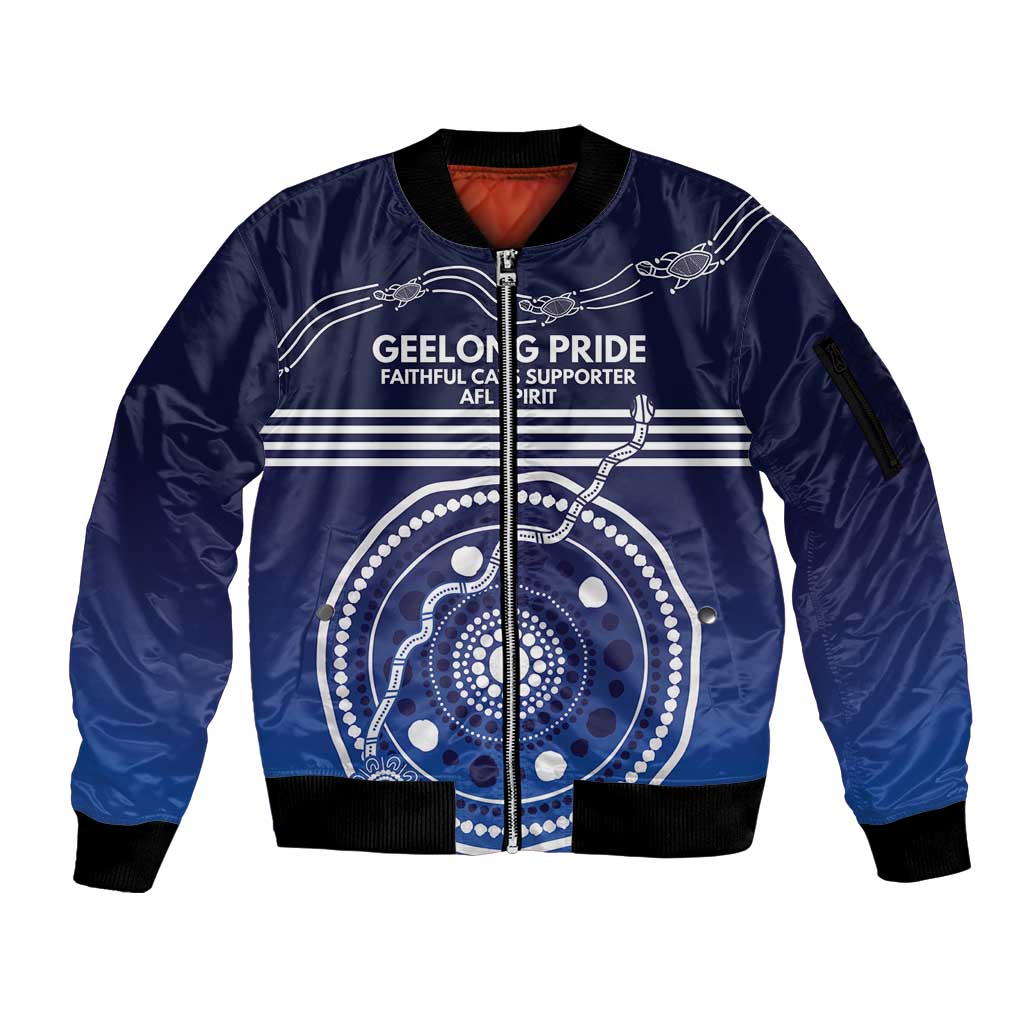 Custom Geelong Pride Sleeve Zip Bomber Jacket On the Road to Glory Indigenous Aboriginal - Aussie Hoodie