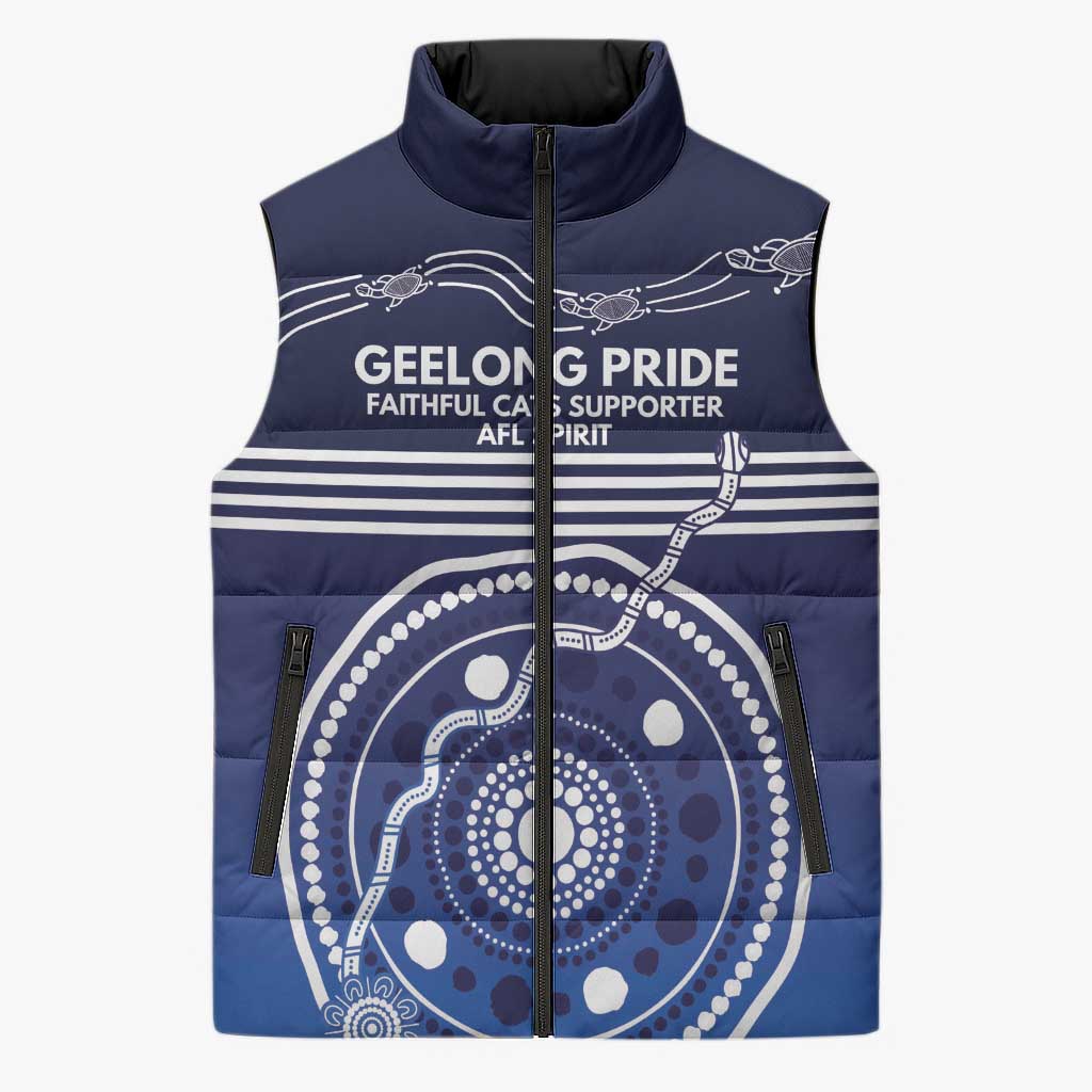 Custom Geelong Pride Sleeveless Puffer Jacket On the Road to Glory Indigenous Aboriginal - Aussie Hoodie