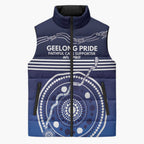 Custom Geelong Pride Sleeveless Puffer Jacket On the Road to Glory Indigenous Aboriginal - Aussie Hoodie