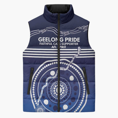 Custom Geelong Pride Sleeveless Puffer Jacket On the Road to Glory Indigenous Aboriginal - Aussie Hoodie